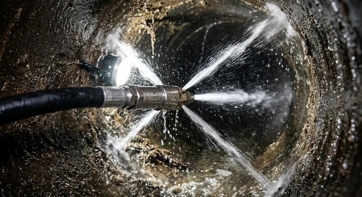 High-pressure hydro jetting nozzle cleaning sewer pipe for Trenchless Sewer Repair in Moultonborough