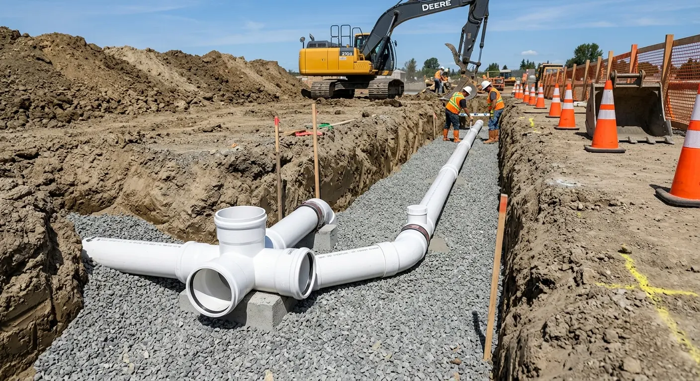 New PVC sewer pipe installation in open trench for Sewer Backup in Moultonborough