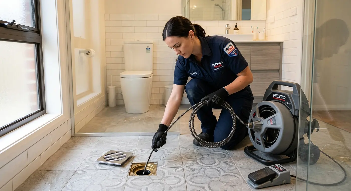 Technician clearing a bathroom floor drain for Hydro Jetting in Moultonborough